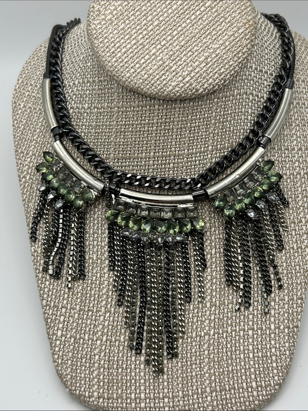 Gunmetal Fringe Necklace with Olive Crystal Accents - BCB Celebration
